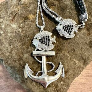 Silver Anchor and Fish Pendant Necklace Set